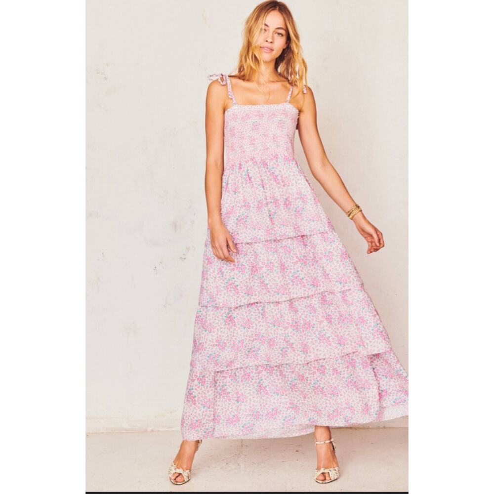 Love Shack Fancy Caressa Maxi Dress Candy Heart Pink Floral Womens New Large